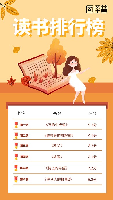 插画风读书排行榜手机海报