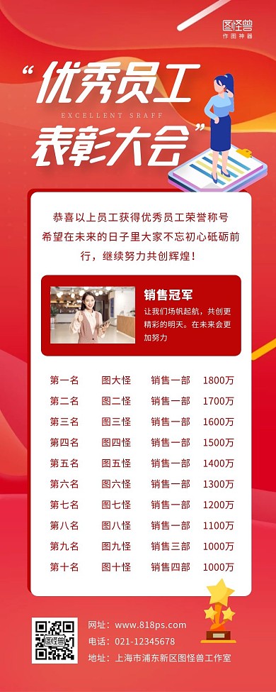 优秀员工海报表彰大会红色营销长图