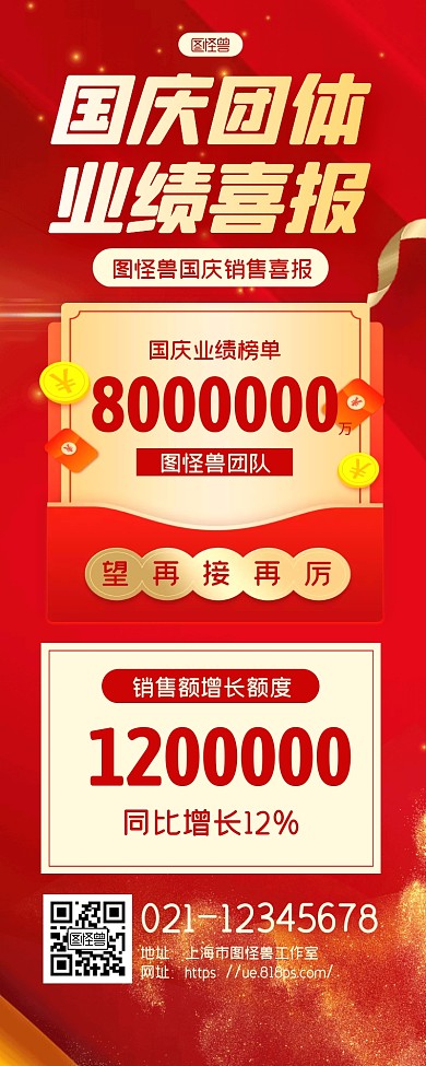 红色大气国庆团体业绩销售喜报长图