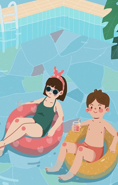 图怪兽原创元素夏天在游泳池游泳晒太阳