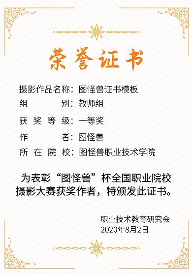 摄影作品展竖版黄框商务风荣誉证书