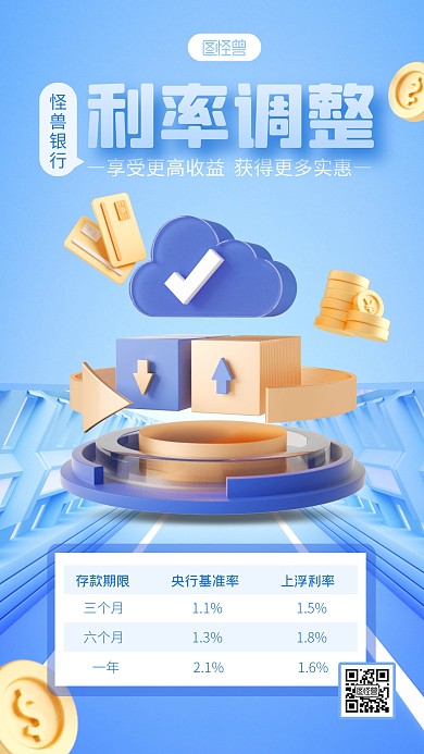 蓝色简约风银行利率调整3D海报