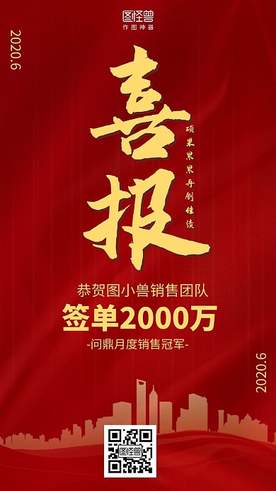 红色月度销售冠军喜报表彰海报