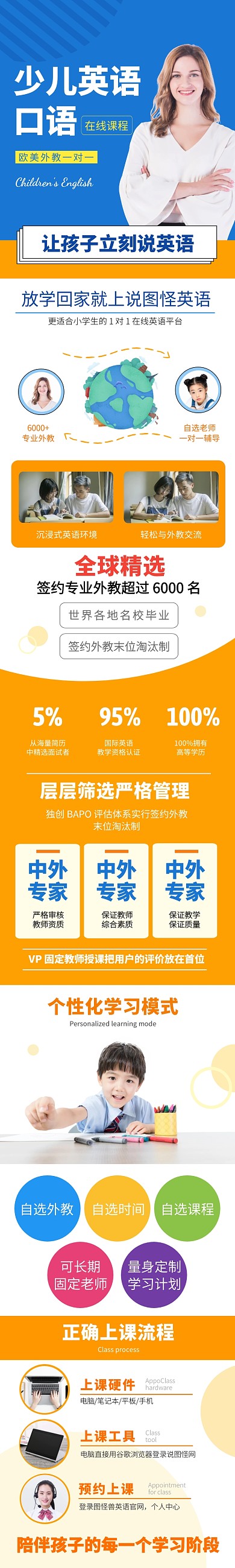 外教课少儿英语口语蓝橙淘宝详情页模板