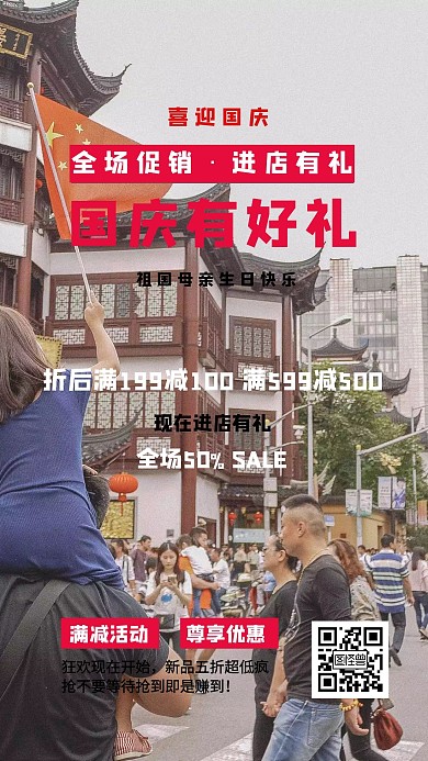 简约国庆节进店有礼促销活动手机海报