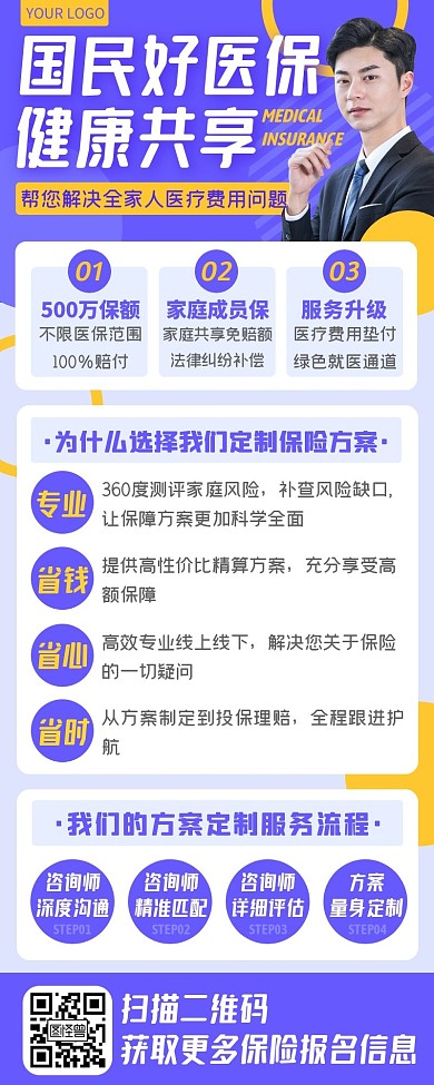 紫色商务医疗健康意外保险产品宣传长图海报