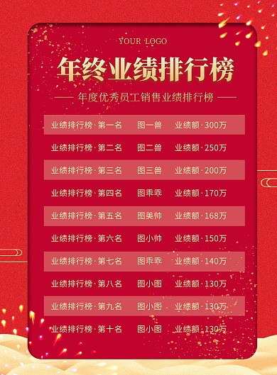 年终业绩排行榜红色质感竖版海报