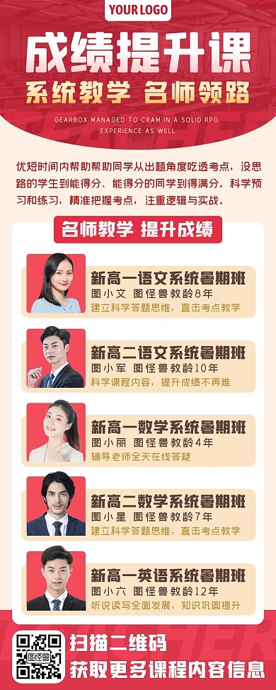 红色成绩提升补习班课程五大教师营销长图