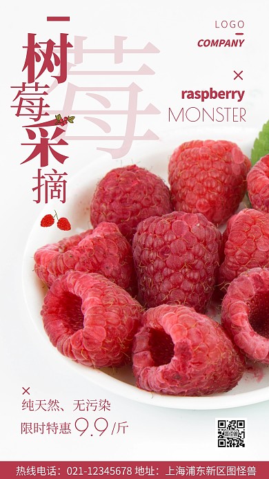 树莓采摘粉色水果宣传摄影图海报