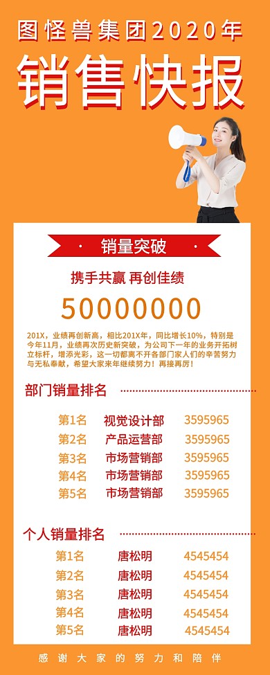 橙色简约风插画销售快报营销长图