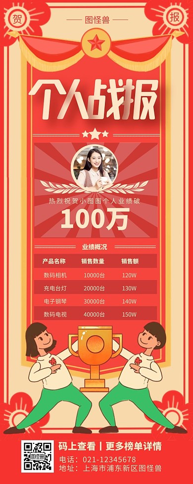 红色复古风销售个人战报营销长图