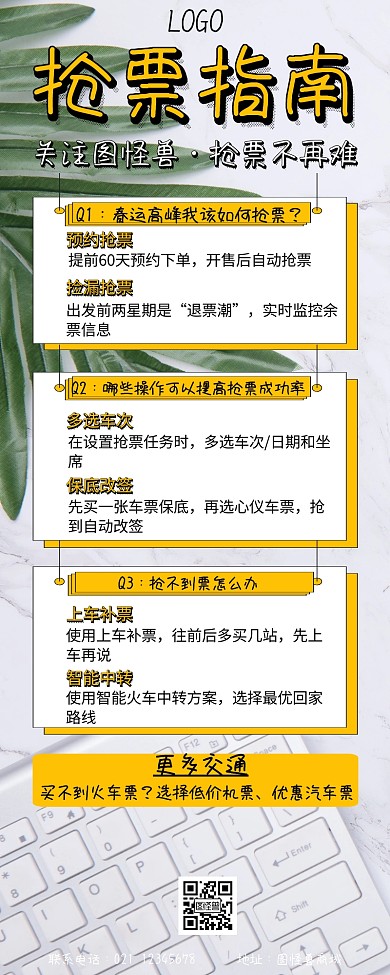 简约黄色卡通购票指南长图