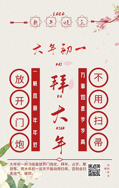 大年初一新年习俗中国风红色简约手机海报
