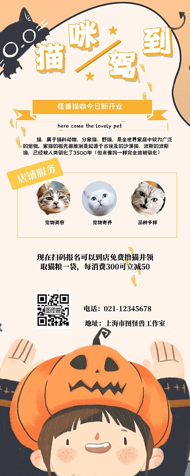 喂猫线条黄色卡通易拉宝