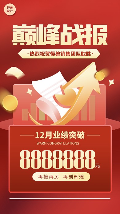喜报战报贺报业绩汇报卡片红色简约手机海报