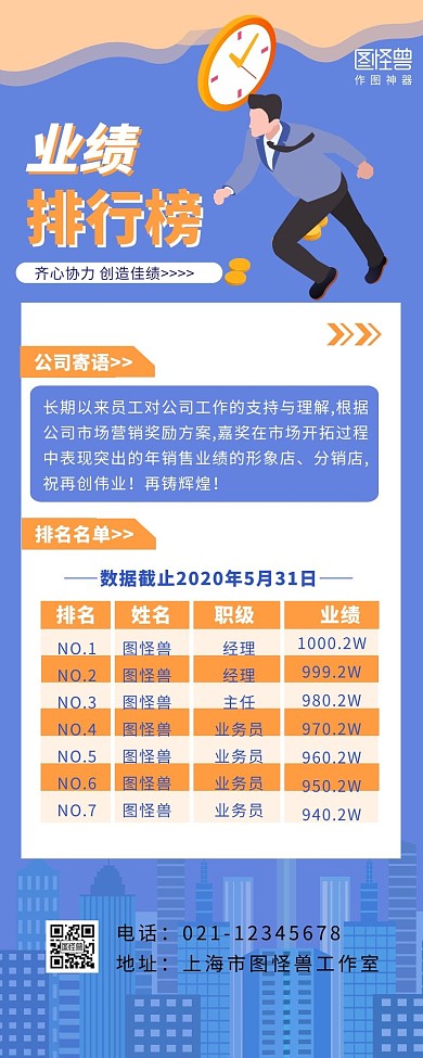 公司业绩排行榜榜单营销长图蓝色