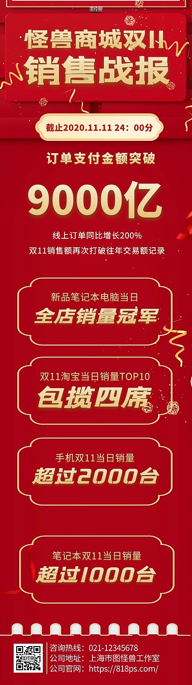 双十一销售战报大气红金风格文章长图