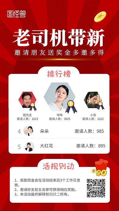 邀请好友赚现金排行榜裂变海报