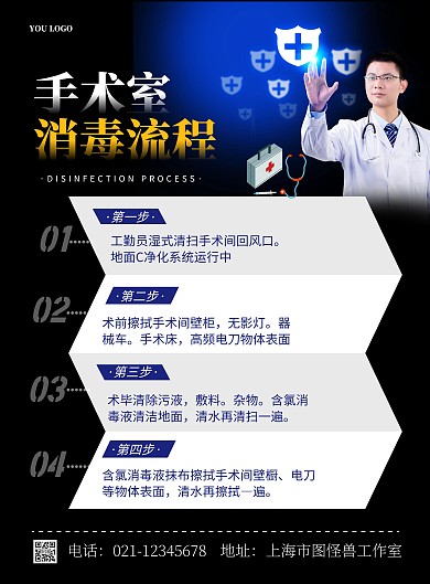 手术室消毒流程简约蓝色宣传竖版海报