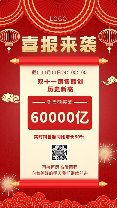 双十一红色喜报战报创意手机海报