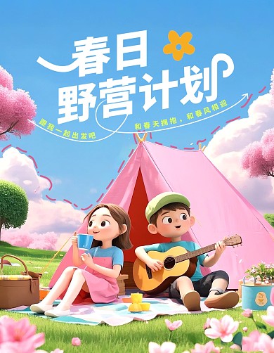 插画风春日野营计划春天宣传小红书封面背景