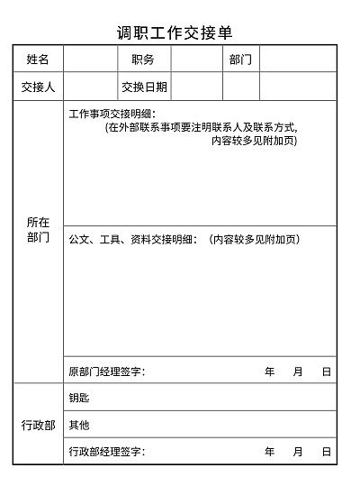 调职工作交接单价目表