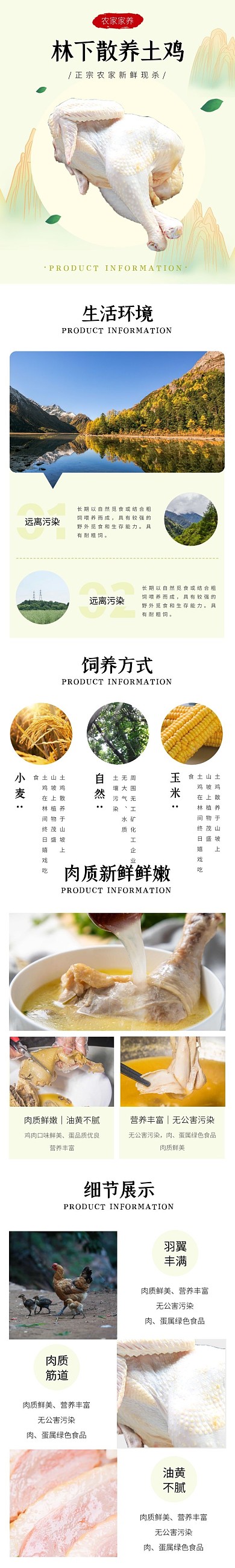 林下散养鸡清新手绘绿色食品详情页