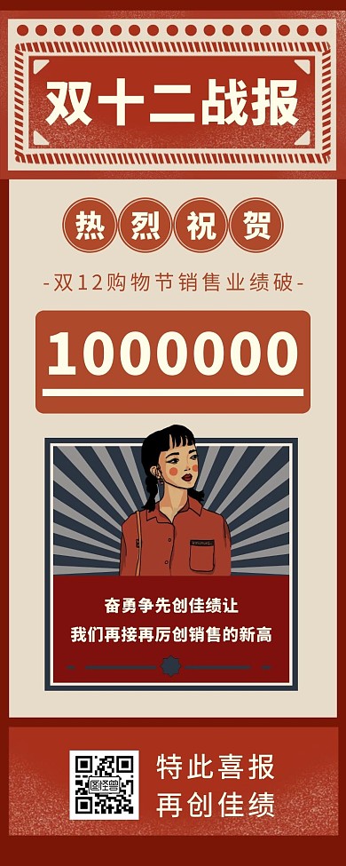 红色复古公社风双十二喜报战报营销长图