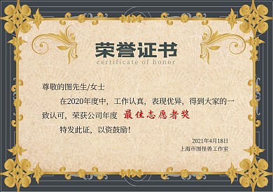 志愿者荣誉证书简约质感奖状横版