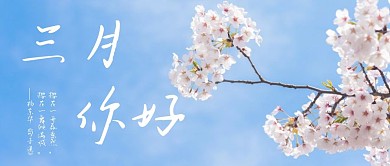 三月你好樱花蓝天简约微信公众号首图