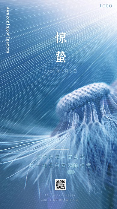 蓝色质感惊蛰节气节日问候海报