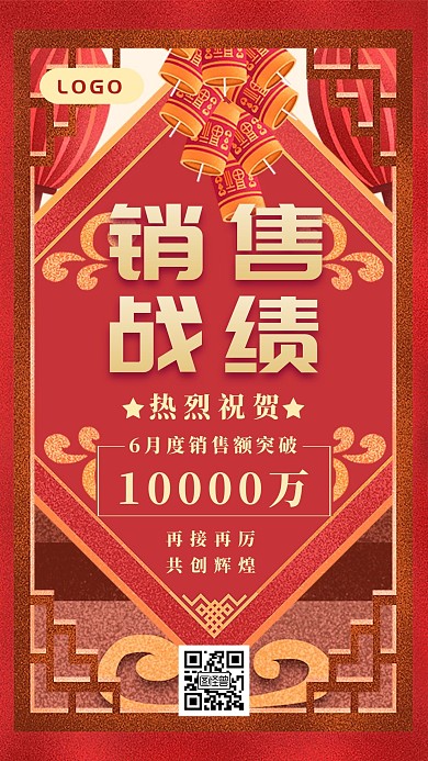 复古红色月度销售战绩手机海报