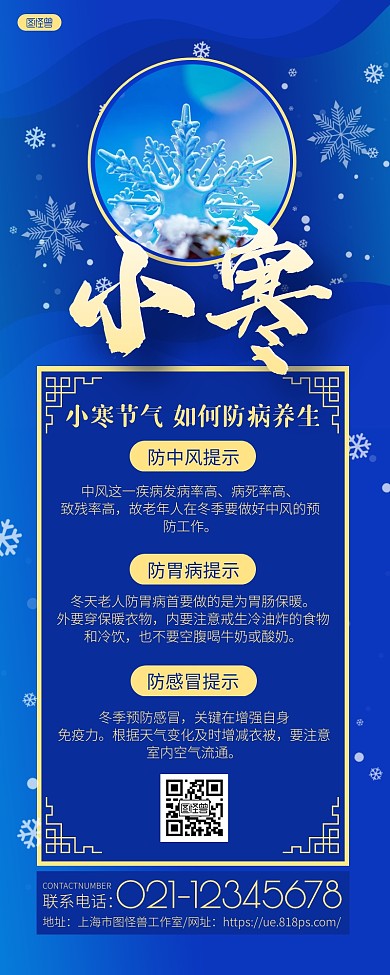 蓝色简约雪花小寒节气防病养生长图海报