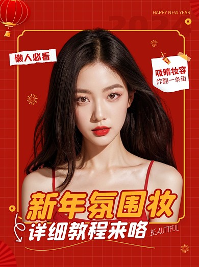 红色新年氛围妆容教程AIGC小红书封面