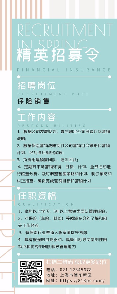 商务风清新春季招聘金融保险销售招聘易拉宝