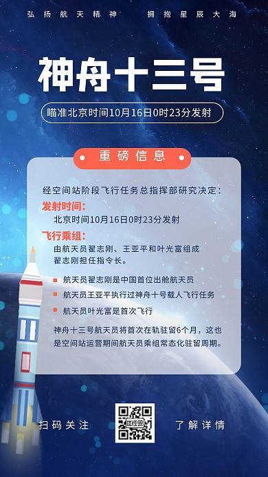 神舟十三号飞船一图梳理重磅消息手机海报
