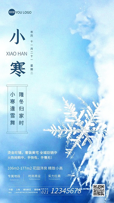 小寒二十四节气蓝色简约时尚手机海报