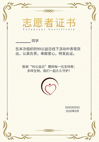 99公益志愿者荣誉证书