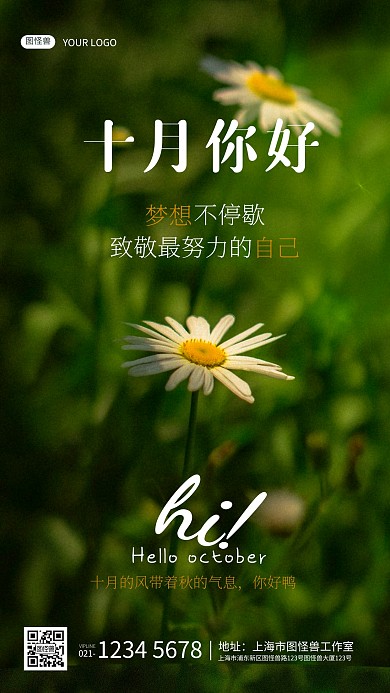 氛围小清新十月你好小菊花摄影图海报