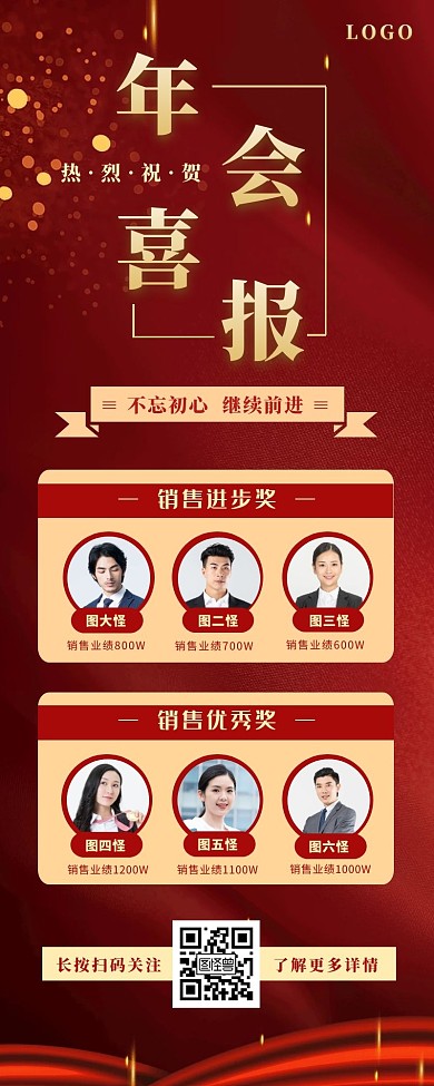 年会喜报长图红色大气人物