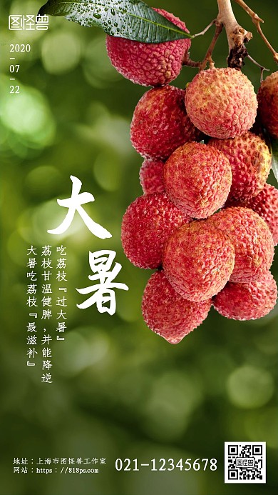 创意荔枝大暑节气节日祝福宣传手机海报