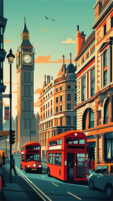 卡通风格插画风城市建筑古建筑手机海报背景