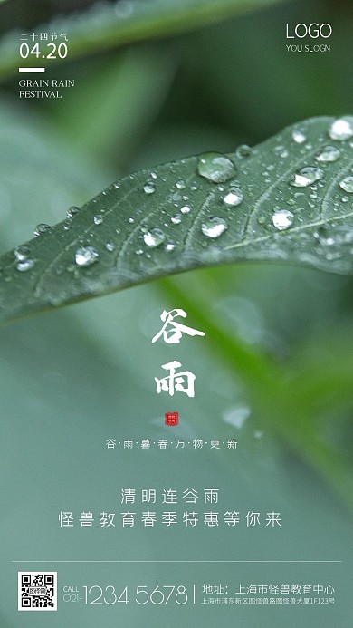 摄影绿叶雨滴谷雨教育借势宣传手机海报