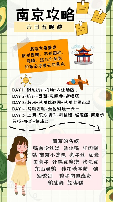 南京旅游攻略卡通格子绿色小清新手账