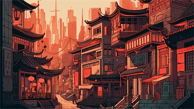 卡通风格横板插画风城市建筑古建筑手机海报背景