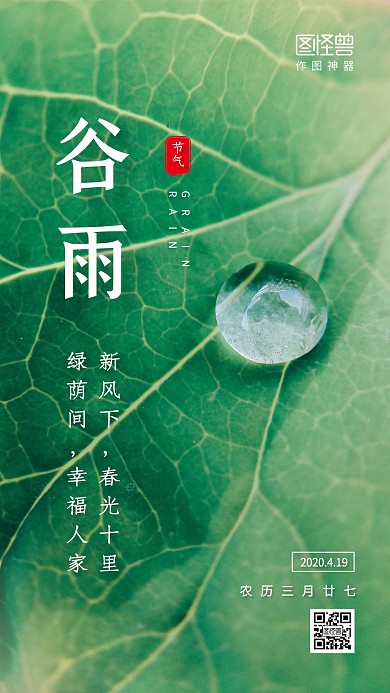 绿色水珠谷雨传统节气手机海报