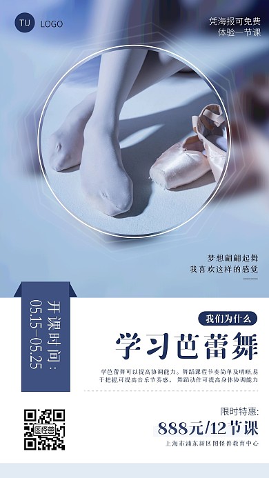 简约芭蕾舞兴趣班课程介绍宣传手机海报