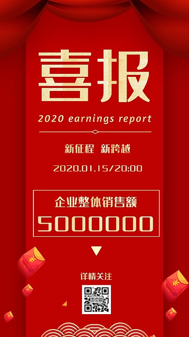 2020年业绩喜报红色简约手机海报