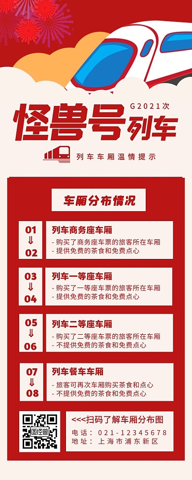 怪兽号列车火车介绍红色简约营销长图