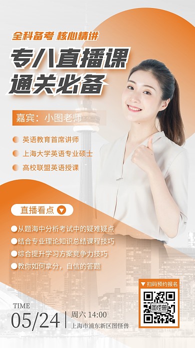 英语专业八级培训讲座人物手机海报